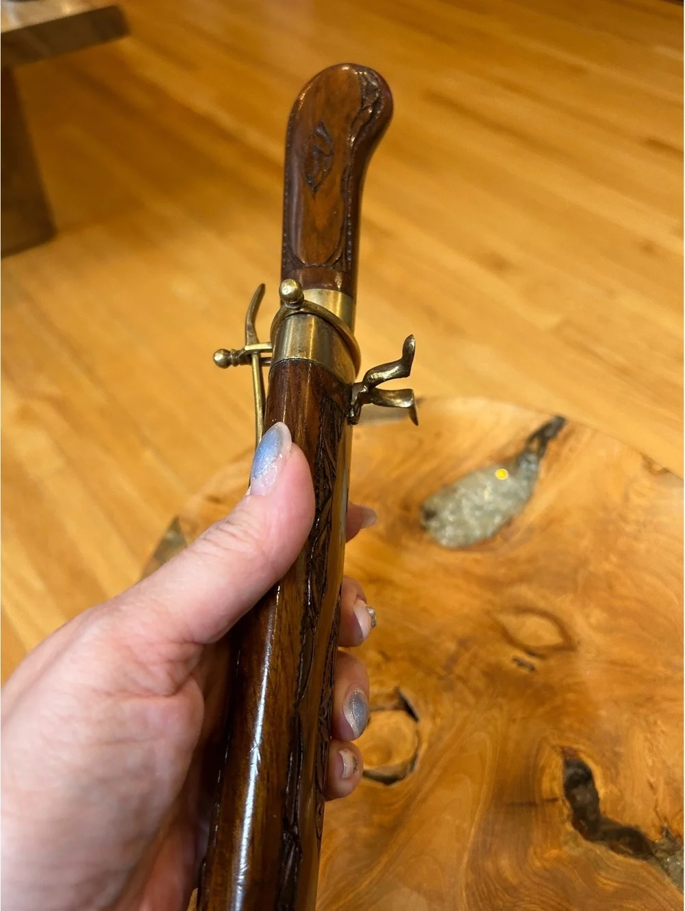 Old Meat Carving Set w/ Brass and Wood Carved Handles and Knife and Fork Stand